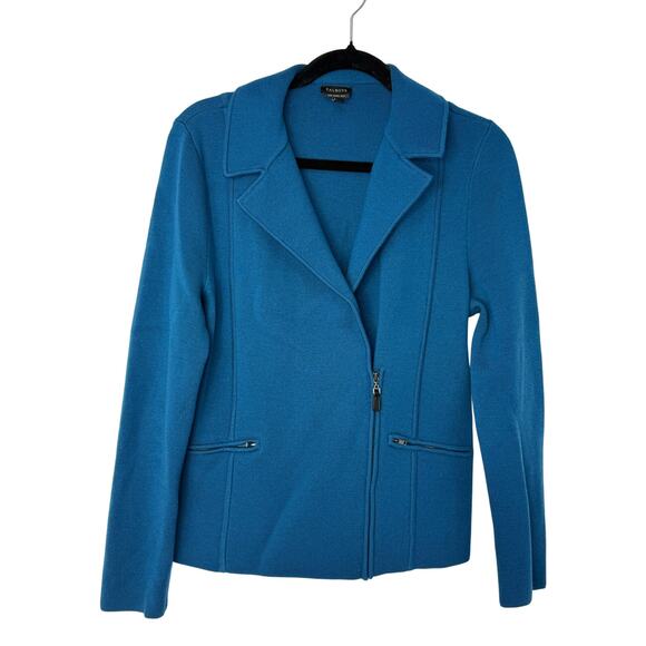 Talbots Milano 100% Merino Wool Moto Zip Jacket Teal Blue Sweater Blazer Women M - Picture 1 of 7
